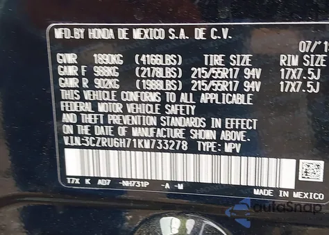 2019 Honda Hr-V Ex-L z USA, uszkodzony, nr VIN 3CZRU6H71KM733278